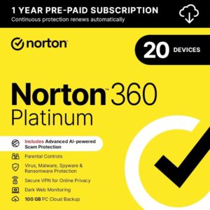 Norton 360 Platinum 2025, Antivirus software for 20 Devices with Auto-Renewal – Includes Advanced AI Scam Protection, VPN & PC Cloud Backup [Download]
